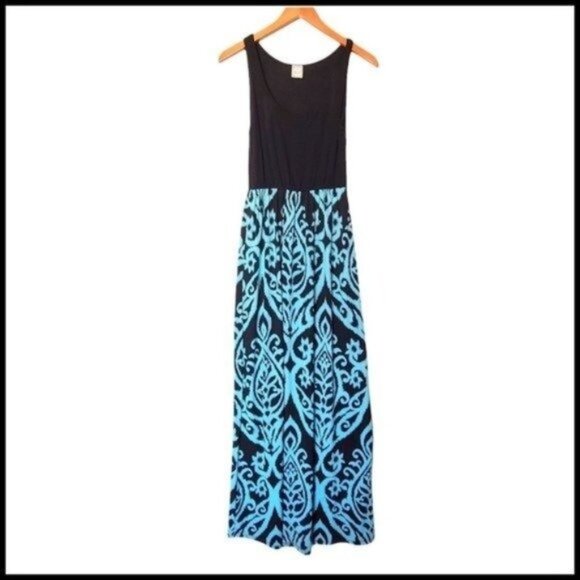 Hershe Womens A Line Maxi Dress Black Turquoise Damask Scoop Neck Sleeveless S S - Picture 1 of 11